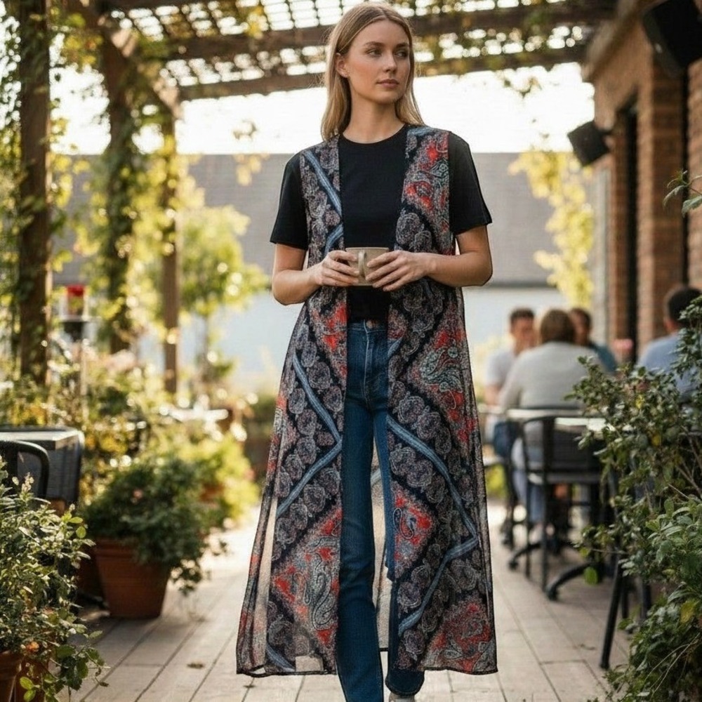 Cato Paisley Kimono Vest Women 14/16W Blue Orange Sheer Lace Up Boho Layer